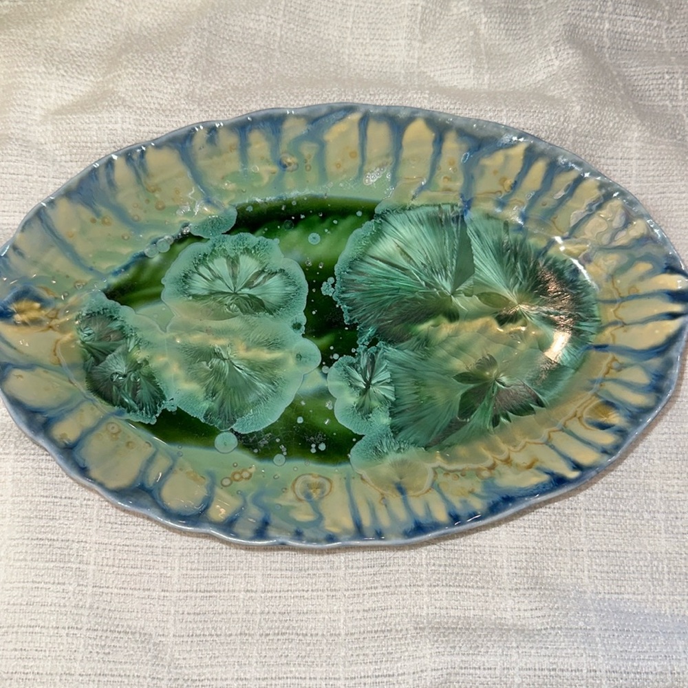 Edgecomb Potters Maine Studio 10” by 6 3/4 " Pottery Dish Green Blue Colors